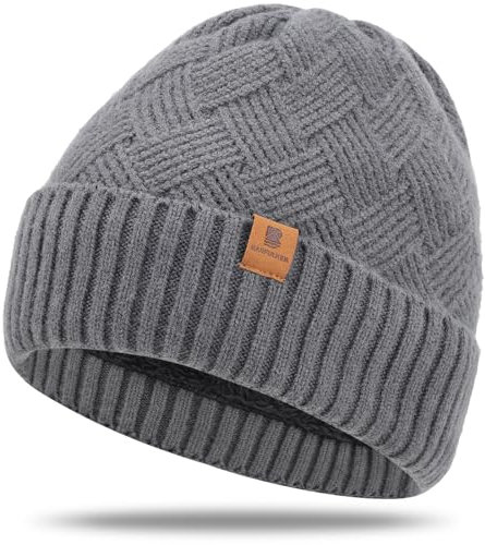 BARFULKER Beanie Mütze Damen Herren, Winter Warm Strickmütze Wintermützen Thermo Laufmützen Dehnbare Weiche Wollmütze mit Bündchen und Dickem Warmem Futter Geschenk Unisex,Grau