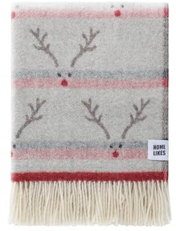 JJ Textile Festive Reindeer Throw New Wool & Recycled Merino Sheep Wool- Soft & Cosy With a Reversible Design - Sustainable Throw for Bed, Sofa & Home Decor - Large Blanket 190cm x 130cm.