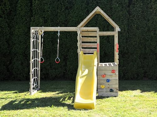 Wendi Toys M40 - Struttura da arrampicata per bambini, torre da gioco per bambini con set da palestra e scivolo giallo da 220 cm, in legno nordico, facile da montare, set da gioco ideale per bambini