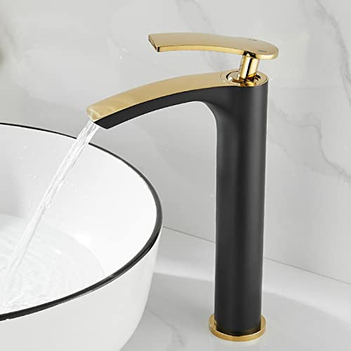 MRKU Mischbatterie Badezimmer Waschbecken Wasserfall Schwarz Gold, Messing, Waschtischarmaturen Warm- und Kaltwasser, Einhebelmischer Badarmaturen Mischbatterie, Hoch