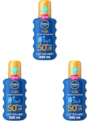 NIVEA SUN Spray Solaire Protect & Hydrate Kids Coloré SPF 50+ 200 ml — Crème Solaire résistante à l'eau — Haute Protection Visage et Corps pour la peau délicate des Enfants (Lot de 3)