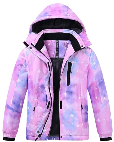 MoFiz Girl's Waterproof Ski Jacket Hooded Winter Coats Outdoor Snowproof Warm Windproof Jackets for School Walking Hiking Star Pink-purple Size L