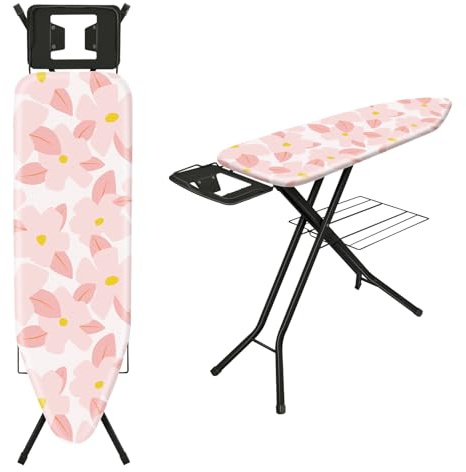 TEENO Asse Da Stiro Pieghevole 122 x 38 cm, Adatto ferro a vapore,Chiusura Sicura,7 regolazioni di altezza, copertura in cotone 100%, supporto ferro integrato, universale per casa/lavanderia(Rosa)
