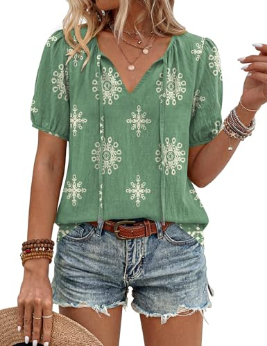Rapbin Womens Tops Summer Short Sleeve Casual Boho V-Neck Clothes Trendy Fashion Ladies Blouses Flowy Dressy Tunic Light Green L