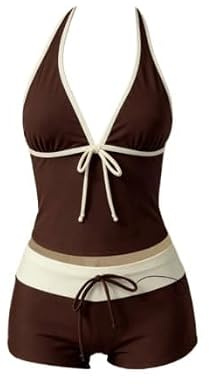 Y2k Vintage 2-delad Bikiniset Coquette Halter Tankini Topp med Shorts för Kvinnor, Kaffe, S