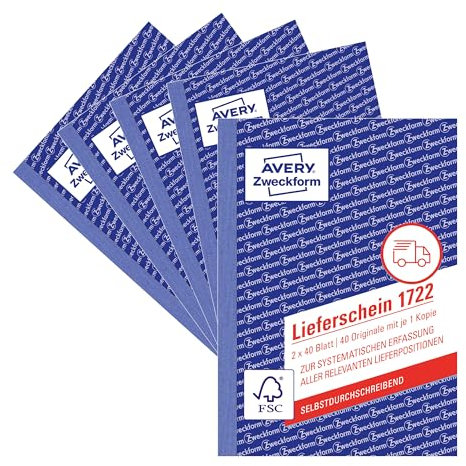 AVERY Zweckform 1722-5 Lieferschein (A6, 2x40 Blatt, selbstdurchschreibend mit farbigem Durchschlag, zur systematischen Erfassung aller relevanten Lieferpositionen) 5er Pack, weiß/gelb