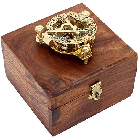 Zap Impex Cadran solaire en laiton, boussole nostalgique en laiton dans une boîte en bois, boussole de 7,6 cm avec boîte en bois de rose (12,7 cm)