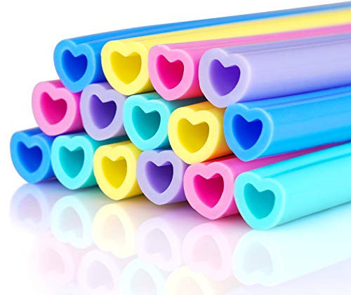 Confezione da 15 cannucce in silicone flessibile a forma di cuore da 25,4 cm + 2 spazzole per la pulizia, bevande calde/fredde, riutilizzabili, lavabili in lavastoviglie, infrangibili
