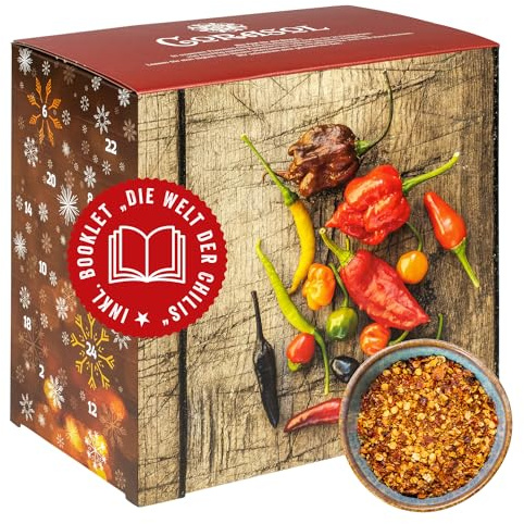 Corasol Premium Chili Adventskalender 2025 mit 24 geschroteten Chilisorten mit bis zu 1.5 Mio. Scoville, Geschenk-Idee für scharfe Männer (128 g)