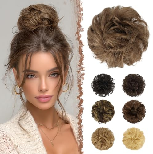 FESHFEN Moños Postizos Pelo Natural - 100% Cabello Humano Ondulado Moño Postizo Despeinado Coletero Extensiones para Mujer, Marrón ceniza
