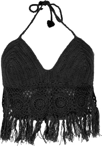 GURU SHOP Haut de bikini en crochet, haut de plage, soutien-gorge hippie Flower Power, femme, Noir , 75A