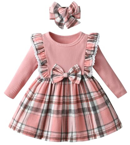 Joureker Infant Baby Girls Dresses Long Sleeve Tutu Dresses Rib Knit Patchwork Plaid Bow Princess Dress for Little Girls Dress, Pink, 3-6 Months