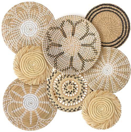 Xuhal Set med 8 vävda väggkorgar, handgjorda, rustik bohodekor, handgjord pilkorg, rund, sjögräskorg, väggkonst för hem, kök, bondgård, bord, vardagsrum