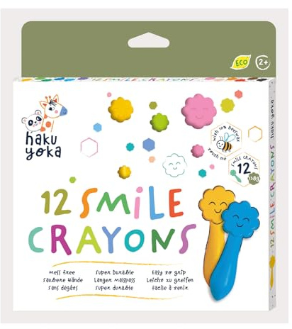 Haku Yoka Smile Beeswax Crayons, Toddlers, 12 Colours, Mess Free, Ages 2+ | Natural wax & organic mineral pigments; non-toxic, child-safe formula; durable, easy-grip design; playful smiley finish