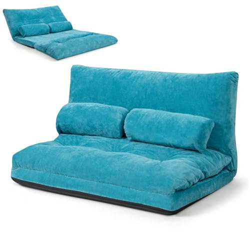 COSTWAY Double Folding Sofa Bed, 6-Position Adjustable Lounger Sleeper Seat Chair with 2 Pillows, Home Office Convertible Floor Lazy Sofa Bed for Living Room Bedroom (Blue)