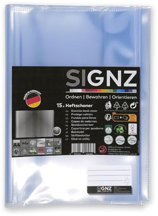 SIGNZ Heftschoner DIN A4, 15 Stück, transparent, starke 140my (0,14mm), glasklar, CO2-neutral hergestellt, made in Germany