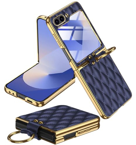 Miimall Custodia in Pelle per Samsung z Flip 7 FE & Flip 6, Cavalletto ad Anello Rotante, Telaio Antiurto Elettrodepositato con Pellicola Protettiva HD, Case per Samsung Flip7 FE & Flip6, Blu