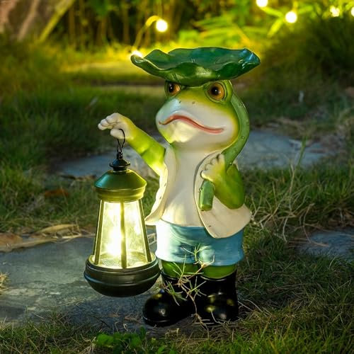 Umikk Frosch Figuren Draußen Deko Solar Garten Figuren Ornament mit Solar Laterne, Frosch Figurch Garten Statue, Froschskulptur aus Kunstharz, Geburtstag, Einweihungsparty, Weihnachten Geschenk