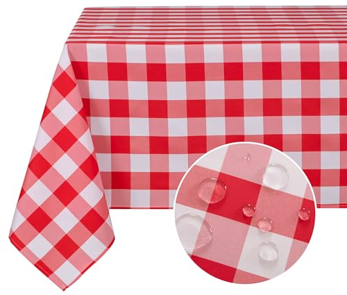 DWCN rutig bordsduk tvättbar bordsduk utomhus väderbeständig bordsduk fläckskydd vattentät trädgårdsdukar för utomhus matsal fest bröllop, röd och vit, 110 x 140 cm