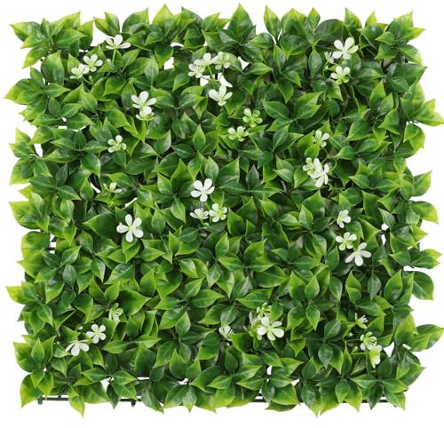 LUWENER 4PCS Artificial Plant Living Wall Panels,1m x 1m Grass Plant Wall Panel Greenery Privacy Living Wall Fence Screening Home Garden Backdrop for Indoor Outdoor Home(50 * 50cm with flower)