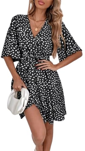 BSLVWG Robe longue à volants pour femme, manches courtes, col en V, motif de pétales et de fleurs, fluide, pour l'été, la plage, les vacances, décontractée, Noir-1, L