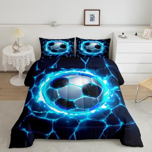 Loussiesd Juego de edredón de fútbol, juego de ropa de cama individual con diseño de juegos de fútbol para niños y niñas, diseño de rayas geométricas azules, juego de edredón con
