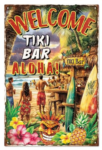 WADORN Cartello In Metallo Vintage Tiki Bar, 20x30cm Divertente Retro Art Pub Man Cave Targa In Latta Benvenuto Tik Bar Aloha Wall Art Poster Targa Decor per Garage Club