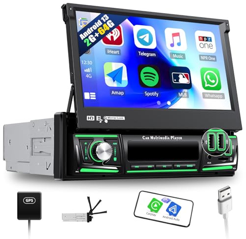 SIXWIN 2GB+64GB Android 1 Din Autoradio con Wireless Carplay e Android Auto,7 '' Manual Pieghevole Schermo Stereo con WiFi GPS Bluetooth RDS/FM EQ 2USB AUX TF Controllo del Volante