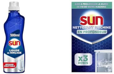SUN - Lot de 2 Additifs Sun -1 Sun Lave-vaisselle Liquide de rinçage Séchage 500 ml &1 Sun Lave-vaisselle Nettoyant hors cycle Carton x 3 doses