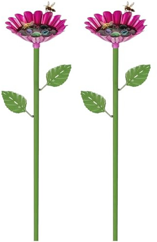 Vogelbad Garten Stehend 65x8cm - 2X Winterfeste Metall Vogeltränke mit Erdspieß, Rosarote Blumen Vogeltränke Groß für Wildvögel & Insekten