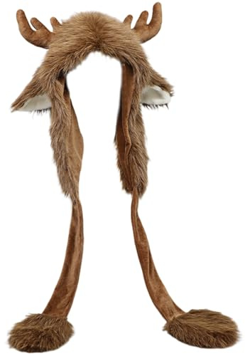 Jorzer Chapeau de renne, oreilles de cerf mignonnes, bonnet pelucheux avec écharpe, chapeau animal doux et chaud, chapeaux d'animaux en peluche pour fête, costume cerf amusant pour femmes et enfants