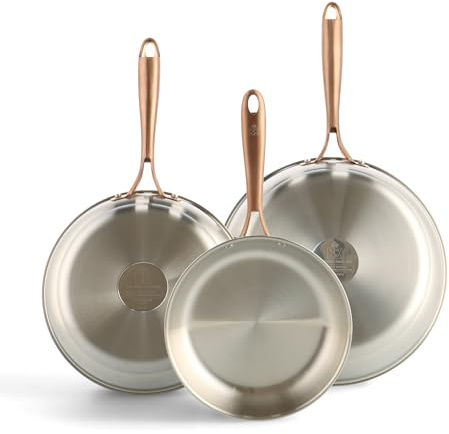 BK Rose Set di 3 Padelle in Acciaio Inox 18/10 Ø 20/24/28 cm, Senza Rivestimento e Senza PFAS, Compatibili con Induzione e Tutti i Piani Cottura, Forno 200°C, Lavastoviglie, Manici Oro Rosa