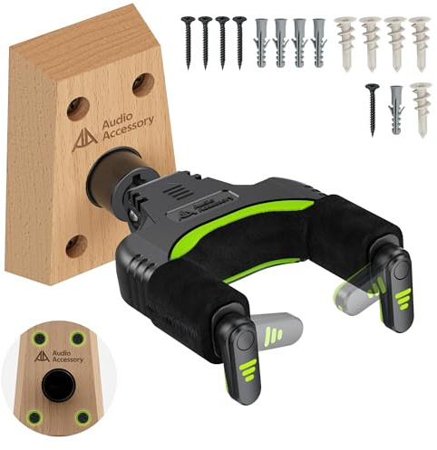 AA AUDIO ACCESSORY Guitar Wall Mount Autolock - Nitro Friendly Velvet Hook - (Heavy-Duty Design) 4-Screw Wood Base of Over 20lbs Load Guitar Wall Hanger for Bass, Acoustic, Classical, Electric Guitar