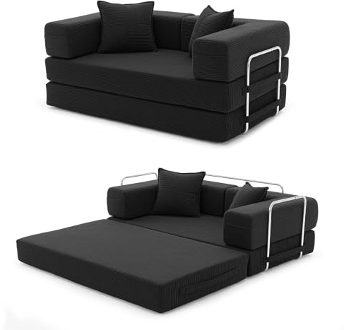 YINIX Vikbar Bäddsoffa 160cm Dubbelsäng, Modulär Golvsoffa, Manchester Molnsoffa med Metallram, 2-sits Gästsäng Vikbar, Halkfri, Tvättbar (Svart, 160cm (2-sits))