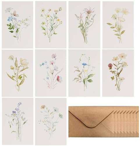 Ji liangli Lot de 10 cartes de vœux d'anniversaire à motif fleuri,cartes pliantes en papier naturel avec enveloppes incluses,pour célébrer anniversaires,jubilés,fêtes et toutes occasions spéciales
