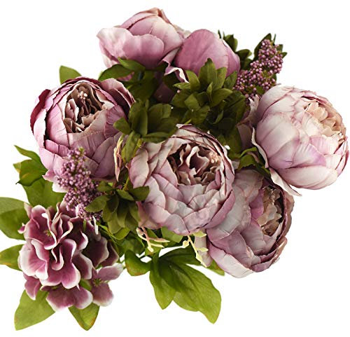 FiveSeasonStuff Artificial Peony and Hydrangea Silk Bouquet, 50cm Vintage Cameo Brown Flowers – Wedding, Bridal, Home, Office Décor (1 Bouquet)