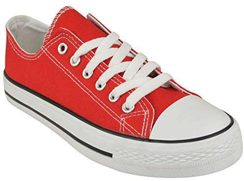 MyShoeStore® LADIES CANVAS SHOES WOMENS GIRLS SHOES CASUAL LACE UP RETRO PLIMSOLLS PLIMSOLES LOW TOP FLAT GYM SPORTS TRAINERS LIGHTWEIGHT SNEAKERS FASHION PUMPS SIZE 7 UK Red