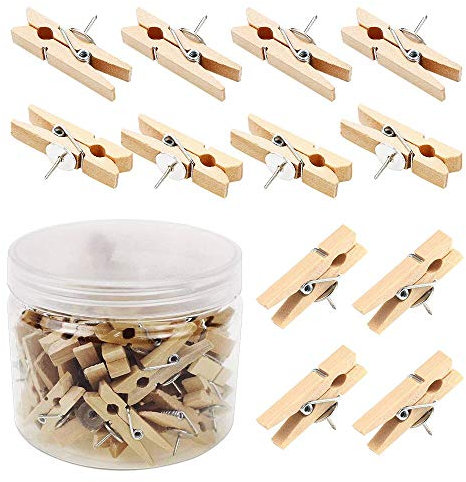 KnR Harmony Stecknadeln mit Holzklammern 50 Stück Stecknadeln Reißnägel Reißzwecken Holz Clips mit Push-Pins für Kork Bretter Kunstwerke Notizen Fotos Handwerk