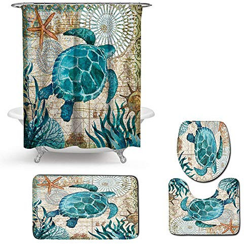 Enhome Juego de 4 Piezas de Alfombra de baño Antideslizante + Tapa de Inodoro + Alfombrilla de baño + Cortina de Ducha, Animal Marino (Tortuga)