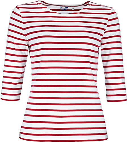modAS Bretonisches Damenshirt mit 3/4-Arm - Streifenshirt Ringelshirt Basic Shirt Gestreift aus Baumwolle in Weiß/Rot Größe 44