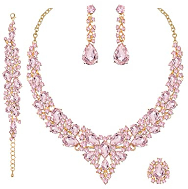 CSY 4 Pcs/Set Austrian Crystal Necklace Earrings Bracelet Ring Bridal Jewelry Sets for Brides Wedding Party Costume Accessories Gifts for Women (02-gold plated-pink)