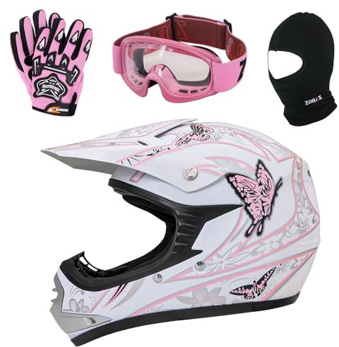 Zorax ZOR-X18 Butterfly M (51-52cm) Children Kids Motocross Helmet ECE 2206 & Gloves M(6cm) & Goggles & Balaclava - Dirt Bike Off Road Motorbike Helmet