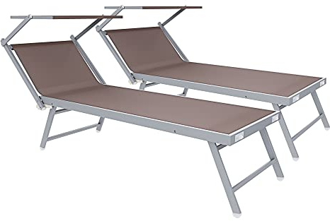 Coppia Di Lettini Prendisole 720 gr/m² Professionale Pieghevole In Alluminio Tettuccio Orientabile Parasole Lettino Prendi Sole Sdraio Mare Piscina Spiaggia Giardino 182 x 60 x 38 cm (Tortora)