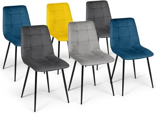 IDMarket - Lot de 6 chaises Mila en Velours Mix Color Bleu x2, Gris foncé x2, Gris Clair, Jaune