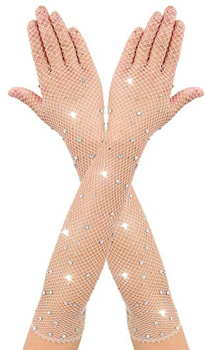 Yolev Weiße Lange Netzhandschuhe für Damen Long Fishnet Gloves mit Funkelnden Weiße Strass Mode Opernhandschuhen für 80er Kostümpartys Halloween Cosplay Zubehör