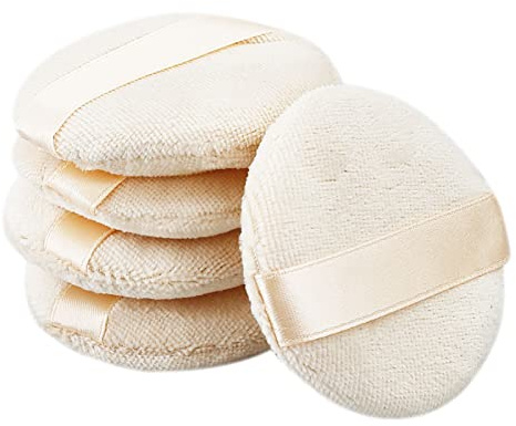 Loose Powder Puff 5 Pieces Round Soft Sponge Face Makeup Compact Body Container Setting Pressed Blending Foundation Cream Make Up Ribbon Strap Sponge Cushion Applicator (Beige)