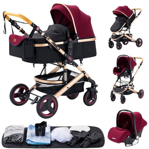 YAZOCO Pram 3 in 1, Pushchair with Height Adjustable Handle, Travel System Pram with Changing Bag, Baby Stroller with Aluminum Frame for Newborn 0-4 Years (530 Red)