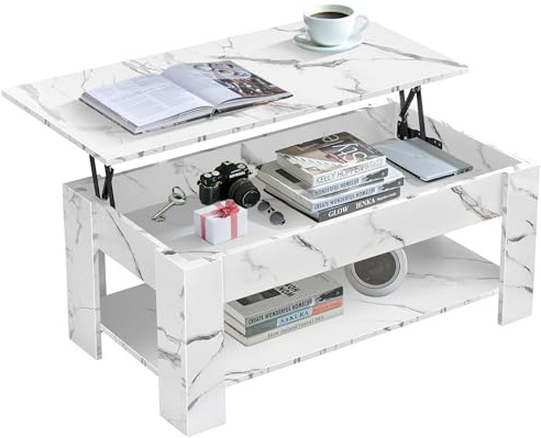 Lift Top Coffee Table with Storage, Coffee Table For Living Room, Wooden Coffee Table With 1 Shelf Large Hidden Storage Rectangular Lift-Top Sofa End Tea Tables, Marble White 120x60x(49.5-62.5) H cm