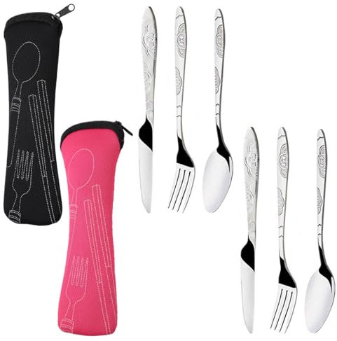 HSIXHAF 6 pcs Reisebesteck, Göffel Camping Besteckset Besteck Zum Mitnehmen 2 Sätze Wiederverwendbar Edelstahl Geeignet Für Schule, Büro, Firma, Campingbesteck Mit Tragetasche, rosarot und schwarz