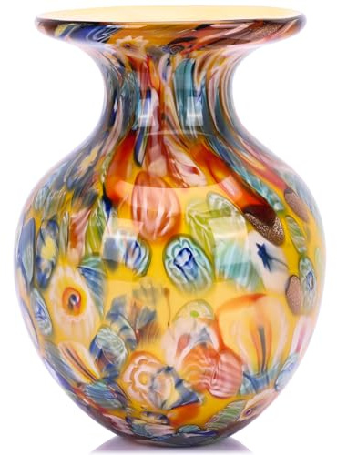 Jarrón redondo de vidrio amarillo para decoración del hogar, jarrón soplado a mano para flores, jarrones de vidrio de arte de colores bohemios para mesa de comedor moderna, centros de mesa funky
